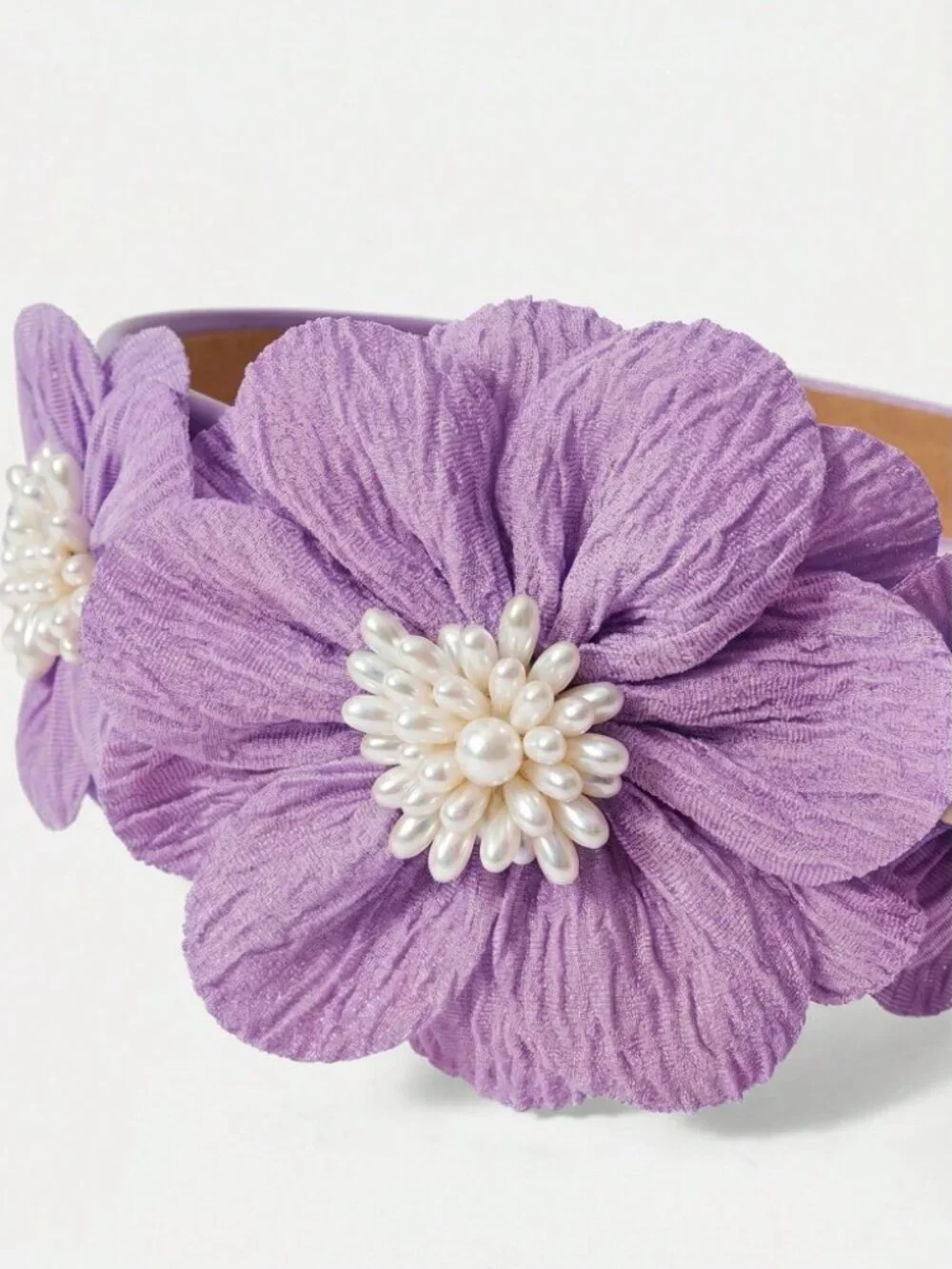 Lavender Pleated Flower Headband with Pearl Centers